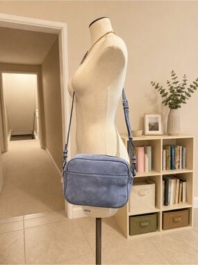 J.Crew Blue Suede Crossbody Bag | Dusty Periwinkle Camera Bag | Adjustable Strap